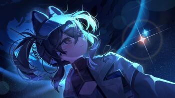 0_o_s_k 1girl :3 animal_ears black_hair black_shirt blue_hat brown_eyes cat_ears cat_girl closed_mouth commentary_request crossed_bangs hair_between_eyes hat highres jacket korean_commentary looking_to_the_side medium_hair open_clothes open_jacket original outdoors shirt sky smile solo space sparkle star_(sky) starry_sky upper_body visor_cap white_jacket zipper