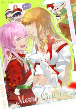 2girls bang_dream! bang_dream!_it's_mygo!!!!! blue_eyes breasts brown_hair chibi chihaya_anon cleavage commentary crop_top dated fang gift hat highres kaname_raana koaok long_hair medium_breasts multiple_girls nagasaki_soyo open_mouth pink_hair purple_eyes red_ribbon red_shirt ribbon santa_hat shiina_taki shirt sidelocks symbol-only_commentary takamatsu_tomori teeth yuri