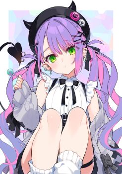 1girl :o beret black_hat black_skirt candy collared_shirt commentary_request cross cross_earrings demon_tail dress_shirt ear_piercing earrings fake_horns feet_out_of_frame food green_eyes green_nails grey_jacket hair_ornament hairclip hat head_tilt highres holding holding_candy holding_food holding_lollipop hololive horned_headwear horns jacket jewelry knees_up kutata lollipop long_hair long_sleeves loose_socks multicolored_hair multicolored_nails nail_polish off_shoulder open_clothes open_jacket parted_lips piercing pinching_sleeves pink_hair puffy_long_sleeves puffy_sleeves purple_hair purple_nails shirt sitting skirt sleeveless sleeveless_shirt sleeves_past_wrists socks solo streaked_hair suspender_skirt suspenders tail tail_ornament tail_piercing tokoyami_towa tokoyami_towa_(jirai_kei) twintails two-tone_hair very_long_hair virtual_youtuber white_shirt white_socks x_hair_ornament