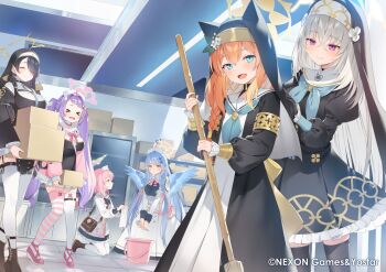 Rule 34 | 6+girls, animal ears, asymmetrical legwear, black gloves, black hair, black thighhighs, black veil, blue archive, blue eyes, blue hair, blue wings, breasts, broom, cat ears, cat girl, closed eyes, closed mouth, commentary request, dress, gloves, green eyes, grey hair, halo, hanae (blue archive), hat, hinata (blue archive), holding, holding broom, indoors, large breasts, long sleeves, looking at another, mari (blue archive), mine (blue archive), mismatched legwear, multiple girls, no gloves, nun, nurse, nurse cap, official art, open mouth, orange hair, pantyhose, pink hair, pink shoes, pointy ears, purple eyes, remedial knights (blue archive), sakurako (blue archive), serina (blue archive), shoes, sisterhood (blue archive), smile, striped clothes, striped thighhighs, thighhighs, veil, white dress, white pantyhose, white thighhighs, wings, yuuki hagure