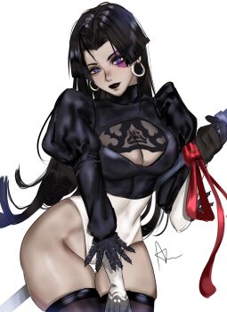 1girl 2b_(nier:automata) 2b_(nier:automata)_(cosplay) absurdres arialla_draws black_hair breasts cosplay curvy gloves highleg highleg_leotard highres large_breasts leotard long_hair looking_at_viewer marvel marvel_rivals nier:automata nier_(series) outfit_connection psylocke psylocke_(vengeance) purple_eyes solo sword thighhighs weapon wide_hips x-men