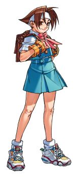 Rule 34 | 1girl, arm warmers, backpack, bag, bow, brown eyes, edaki shin'ya, game cg, headband, highres, justice gakuen, legs apart, moero! justice gakuen, non-web source, official art, pink bow, school uniform, shoes, short hair, simple background, skirt, smile, sneakers, solo, standing, wakaba hinata, white background, white headband