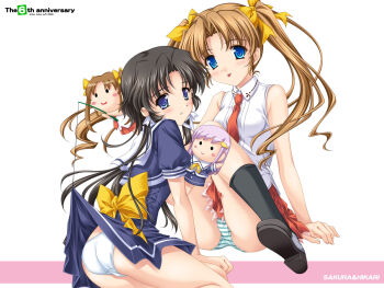 Rule 34 | 00s, 2girls, :p, black hair, black socks, blouse, blue eyes, blush, bow, brown hair, clothes lift, dress, dress lift, green panties, hair ribbon, highres, isawa tae, kneeling, lamune, long hair, multiple girls, nakazato hikari, necktie, panties, pantyshot, pleated skirt, ribbon, school uniform, serafuku, shirt, shoes, sitting, skirt, sleeveless, sleeveless shirt, socks, striped clothes, striped panties, tongue, tongue out, twintails, underwear, white panties, yuri