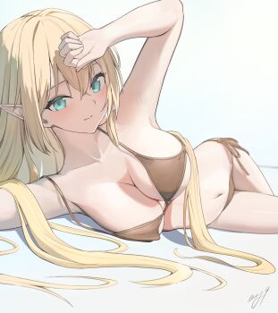 1girl aqua_eyes arm_up armpits artist_name bare_arms bare_shoulders bikini blonde_hair breasts brown_bikini cleavage closed_mouth collarbone commentary_request crossed_bangs elf hair_between_eyes hair_intakes hair_spread_out highres large_breasts long_hair lying may9 navel on_back on_ground on_side original pointy_ears sideboob sidelocks signature simple_background stomach strap_slip swimsuit thighs underboob very_long_hair white_background