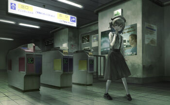 1girl black_ribbon black_skirt commentary_request covering_own_mouth hat hatoba_tsugu highres pantyhose poster_(object) ragi_(kanragi_sousaku) ribbon short_hair skirt solo suspender_skirt suspenders terminal tile_floor tiles train_station translation_request tsugu_(vtuber) turnstile virtual_youtuber white_pantyhose
