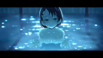 1girl beckoning black_hair chainsaw_man collarbone commentary_request completely_nude flo_(guilty_hearts) hair_ornament highres idolmaster idolmaster_cinderella_girls letterboxed loli multiple_hair_clips nude parody partially_submerged pool rabbit_hair_ornament refraction sasaki_chie scene_reference short_hair smile solo upper_body