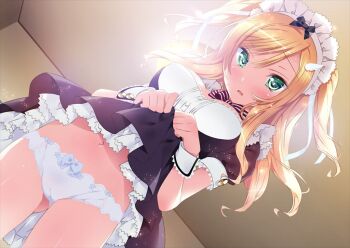 1girl blonde_hair blush clothes_lift female_focus friends_(aile) game_cg green_eyes kamiya_maneki maid mogami_yui navel panties skirt skirt_lift solo underwear