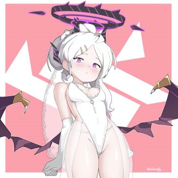 1girl absurdres ahoge alternate_costume asymmetrical_sidelocks bare_shoulders black_halo blue_archive blush breasts bridal_veil bride cameltoe clenched_hand commentary demon_girl demon_horns demon_wings dress elbow_gloves english_commentary engrish_commentary gehenna_academy_logo gloves hair_ornament hairclip halo highres hina_(blue_archive) horns kiannuwu loli long_hair looking_at_viewer low_wings multiple_horns nipple_slip nipples parted_bangs parted_lips purple_eyes sidelocks slit_pupils small_breasts solo standing thigh_gap thighs updo veil wedding_dress white_gloves white_hair wings