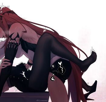 1futa 1girl ^^^ absurdres arched_back black_gloves black_pantyhose black_shoes black_skirt black_sleeves breasts clothed_sex detached_sleeves dorsiflexion dress elisbian elizabeth_rose_bloodflame elizabeth_rose_bloodflame_(1st_costume) extreme_dangling eyes_out_of_frame feet feet_up futa_with_female futanari gloves halftone halftone_background halterneck hand_on_another&#039;s_arm hand_on_another&#039;s_stomach head_out_of_frame heart heavy_breathing high_heels highres hololive hololive_english implied_futanari implied_sex legs_up long_hair lying medium_breasts missionary muscular muscular_female nerissa_ravencroft nerissa_ravencroft_(casual) official_alternate_costume on_back open_mouth pantyhose pencil_skirt red_hair shirt shoe_dangle shoes single_glove single_shoe skirt spoken_heart trembling two-tone_dress very_long_hair virtual_youtuber white_background white_dress white_shirt womb_massage
