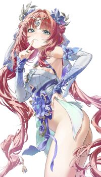 1girl absurdres aqua_eyes ass bottomless breasts circlet commentary cowboy_shot deokgi_(hongdeosgi) detached_sleeves double_bun dress finger_to_mouth flower genshin_impact hair_bun hair_flower hair_ornament hand_on_own_hip highres korean_commentary long_hair looking_at_viewer medium_breasts nilou_(breeze_of_sabaa)_(genshin_impact) nilou_(genshin_impact) official_alternate_costume parted_bangs purple_flower red_hair sleeveless sleeveless_dress solo twintails very_long_hair vision_(genshin_impact) white_background white_dress