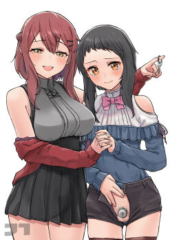 1boy 1girl absurdres artist_name black_hair black_shorts black_skirt blush breasts chastity_cage embarrassed femdom flat_chastity_cage hair_ornament hairclip highres jtleeklm key large_breasts looking_at_viewer medium_hair orange_eyes original penis pleated_skirt red_hair shorts simple_background skirt small_chastity_cage small_penis smile tagme tearing_up testicles thighhighs trap unbuttoned_pants yellow_eyes