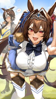 2girls absurdres animal_ears black_boots black_jacket black_shorts blue_bow blue_jacket blue_skirt blue_sky blush boots bow breasts brown_eyes brown_hair center_frills choripan closed_mouth cloud daiwa_scarlet_(peak_blue)_(umamusume) daiwa_scarlet_(umamusume) epaulettes fang framed_breasts frills garter_straps grass hair_between_eyes hair_intakes hair_over_one_eye highres horse_ears horse_girl horse_tail jacket large_breasts layered_skirt long_hair long_sleeves looking_at_viewer multicolored_hair multiple_girls open_mouth outdoors red_eyes shirt shorts skirt sky smile speech_bubble stopwatch stopwatch_around_neck sweat tail thigh_boots thighhighs tiara twintails umamusume very_long_hair vodka_(umamusume) vodka_(wild_top_gear)_(umamusume) watch white_hair white_shirt white_skirt white_thighhighs yellow_shirt