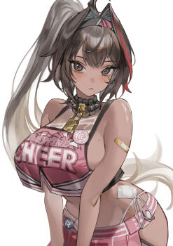 1girl absurdres bandaid_on_hip bay_(nikke) bikini_under_skirt breasts brown_eyes brown_hair cheerleader closed_mouth collar crop_top dark-skinned_female dark_skin eoboong goddess_of_victory:_nikke hair_intakes highres huge_breasts lock long_hair looking_at_viewer mole mole_on_breast mole_under_mouth padlock padlocked_collar ponytail red_skirt red_streaks simple_background skirt solo spiked_collar spikes white_background
