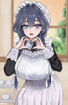 Rule 34 | 1girl, absurdres, apron, black dress, black hair, blurry, blurry background, braid, breasts, brulee, cup, dress, fang, hair intakes, hair ribbon, hat, heart, heart hands, highres, hololive, hololive english, indoors, large breasts, long hair, looking at viewer, low twin braids, maid, maid apron, mob cap, official alternate costume, official alternate hairstyle, open mouth, ouro kronii, ouro kronii (maid), ribbon, solo, teacup, twin braids, virtual youtuber, white apron, white ribbon, window