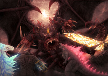 absurdres antennae ape ass b.e.a.s.t._glove blue_electricity blue_eyes bug clawed_wings claws cloud cloudy_sky colored_electricity compound_eyes crest crossover destoroyah dinosaur elbow_spikes electricity electrified_gauntlets electrified_weapon emerald-meronpan energy energy_weapon extra_wings flying gauntlets giant giant_monster gills glowing glowing_eyes glowing_gills glowing_horns glowing_spikes glowing_weapon glowing_wings godzilla godzilla_(monsterverse) godzilla_(series) godzilla_evolved godzilla_vs._destoroyah godzilla_x_kong:_the_new_empire gorilla highres horns insect kaiju king_kong king_kong_(series) legendary_pictures low_wings monster monsterverse moth mothra muscular muscular_arms muscular_back muscular_male muscular_other no_humans no_pupils overcast pincers pink_eyes roaring sharp_teeth shimo_(monsterverse) shoulder_spikes single_horn size_difference sky spiked_wings spikes sun tail teeth toho tongue tusks variant_set veins veiny_wings weapon wings yellow_eyes