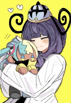 1girl blue_gloves blush bob_cut canari_(pokemon) canari_plush_(pokemon) character_doll closed_eyes closed_mouth coat doll gloves gwynn_(pokemon) han0579 heart highres holding holding_doll hugging_doll hugging_object implied_yuri long_sleeves nintendo partially_fingerless_gloves pokemon pokemon_legends:_z-a purple_hair smile solo upper_body white_coat yellow_background