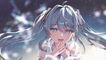 1girl ahoge aqua_eyes aqua_hair aqua_necktie blush collared_shirt commentary_request hair_between_eyes hair_ornament hatsune_miku kurobikari long_hair looking_at_viewer necktie open_mouth see-through_clothes see-through_shirt shirt sky smile solo star_(sky) starry_sky twintails very_long_hair vocaloid white_shirt