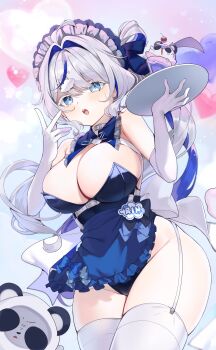 Rule 34 | 1girl, absurdres, ahoge, aokumo rin, apron, back bow, belt around waist, belt buckle, blue apron, blue bow, blue bowtie, blue collar, blue eyes, blue hair, blue leotard, bow, bowtie, breasts, buckle, choker, cleavage, cloud hair ornament, collar, commentary, cowboy shot, detached collar, elbow gloves, frilled apron, frilled collar, frills, garter straps, gloves, hair rings, heart, highres, holding, holding tray, huge breasts, kurimi (aokumo rin), leotard, long hair, maid headdress, multicolored hair, name tag, open mouth, polka dot, polka dot bow, ropu (ropu 10), side ponytail, stellive, streaked hair, untranslatable commentary, thighhighs, tray, virtual youtuber, waist apron, white bow, white choker, white gloves, white hair, white thighhighs