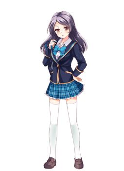 1girl bag blue_bow blue_bowtie blue_skirt bow bowtie brown_eyes brown_shoes full_body girlfriend_(kari) jacket loafers looking_at_viewer miniskirt official_art plaid_clothes plaid_skirt pleated_skirt purple_hair qp:flapper school_bag school_uniform shirt shoes simple_background skirt socks solo thighhighs thighs transparent_background white_shirt white_socks white_thighhighs yoshikawa_mayuko zettai_ryouiki