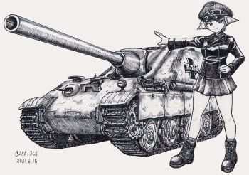 Rule 34 | 1girl, alternate costume, ankle boots, boots, closed mouth, commentary, dated, dress shirt, emblem, erwin (girls und panzer), girls und panzer, goggles, goggles on headwear, greyscale, hand on own hip, hat, highres, jacket, jagdpanther ii, kuromorimine (emblem), kuromorimine military uniform, long sleeves, looking at viewer, military hat, military uniform, military vehicle, miniskirt, monochrome, motor vehicle, nspa (spa-jcs), peaked cap, pleated skirt, pointy hair, shirt, short hair, sketch, skirt, smile, socks, solo, standing, tank, twitter username