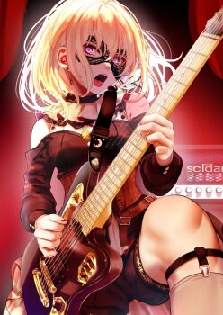 1girl 7-string_guitar amplifier armor bang_dream! bang_dream!_it&#039;s_mygo!!!!! black_dress black_mask black_nails black_shirt blonde_hair brown_corset commentary corset doloris_(bang_dream!) dress electric_guitar extended_range_guitar garter_straps guitar guitar_strap highres holding holding_guitar holding_instrument holding_plectrum in-ear_earphones instrument kneehighs medium_hair misumi_uika nail_polish noir_(nowaru) open_mouth plectrum purple_eyes schecter_guitar shirt shoulder_armor sidelocks socks solo stuffed_toy teeth upper_teeth_only white_socks