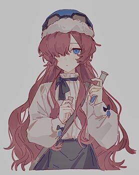 Rule 34 | 1girl, black bow, black bowtie, black skirt, blue eyes, blue hat, bow, bowtie, commentary request, grey background, hair over one eye, hands up, hat, holding, holding test tube, long hair, official alternate costume, one eye covered, red hair, reverse:1999, shirt, skirt, solo, test tube, upper body, white shirt, xy mt2528, yenisei (reverse:1999)