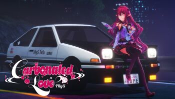 1girl 3d absurdres building can car commentary crystal_wings double_halo drink_can english_commentary english_text full_body halo headlamp heterochromia highres holding holding_can hololive hololive_english horns initial_d irys_(hololive) irys_(irys_2.0)_(hololive) kanauru long_hair looking_at_viewer motor_vehicle on_car one_eye_closed outdoors pointy_ears purple_thighhighs red_hair road second-party_source sitting soda_can solo star_halo thighhighs toyota toyota_sprinter_trueno very_long_hair virtual_youtuber wings