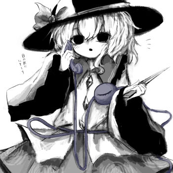 1girl black_hat buttons commentary_request contrast_collar diamond_button hair_between_eyes hat hat_ribbon heripantomorrow holding holding_phone komeiji_koishi long_sleeves looking_at_viewer partially_colored phone ribbon shirt simple_background skirt solo third_eye touhou translation_request white_background wide_sleeves