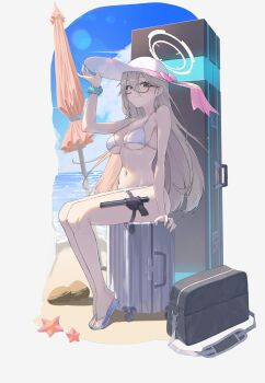 1girl absurdres akane_(blue_archive) arm_at_side arm_support bag beach bikini blonde_hair blue_archive blue_sky border breasts brown_eyes closed_mouth closed_umbrella day full_body glasses gun hair_ribbon halo hand_up handgun hashtag-only_commentary hat highres holstered large_breasts long_hair looking_at_viewer moon_(restire) navel ocean on_suitcase outdoors parasol pink_halo pink_ribbon ribbon sandals shoulder_bag sitting sky solo starfish stomach straight_hair string_bikini sun_hat suppressor swimsuit umbrella weapon white_bikini white_border white_hat