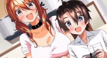 1boy 1girl animated animated_gif blush breast_press breasts brown_hair cleavage collarbone controller game_controller girls_rush grey_eyes hair_between_eyes hinano_(girls_rush) large_breasts open_mouth shirt twintails white_shirt