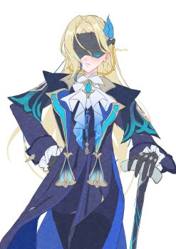 1girl ashimi_fugo black_gloves black_pants blindfold_mask blonde_hair blue_coat cane closed_mouth coat cosplay covered_eyes genshin_impact gloves glowing_mask hair_ornament highres long_hair mask neuvillette_(genshin_impact) neuvillette_(genshin_impact)_(cosplay) pants simple_background solo trigger_(zenless_zone_zero) twitter_username white_background zenless_zone_zero