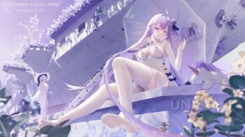 2girls absurdres azur_lane bare_shoulders bow breasts cleavage closed_eyes commentary cyp3a2 dress elbow_gloves english_commentary feet flower gloves hair_bun hair_ribbon hat highres hms_unicorn_(i72) illustrious_(azur_lane) lace-trimmed_headwear lace_trim large_breasts latin_text legs long_hair looking_at_another multiple_girls no_shoes personification purple_bow purple_eyes purple_hair purple_theme ribbon single_hair_bun soles strapless strapless_dress stuffed_winged_unicorn sun_hat thighhighs toes translation_request tress_ribbon tri_tails unicorn_(azur_lane) vehicle_and_personification very_long_hair white_dress white_flower white_gloves white_hair white_hat white_thighhighs