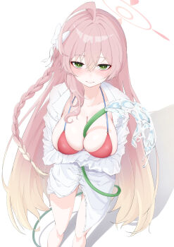 1girl absurdres ahoge between_breasts bikini bikini_under_clothes blonde_hair blue_archive blush braid breasts bright_pupils dress_shirt feet_out_of_frame foreshortening from_above gradient_hair green_eyes halo halterneck hanako_(blue_archive) hanako_(swimsuit)_(blue_archive) highres holding holding_hose hose huge_ahoge large_breasts long_hair looking_at_viewer multicolored_hair official_alternate_costume oversized_clothes oversized_shirt partially_unbuttoned pink_hair pink_halo pouring pouring_onto_self red_bikini shadow shirt side_braid single_braid smile solo swimsuit very_long_hair white_pupils white_shirt ytrytr2000