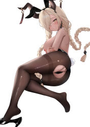 Rule 34 | 1girl, absurdres, alternate costume, animal ears, azur lane, bare back, bare shoulders, black footwear, black leotard, braid, breasts, breasts out, brown horns, brown pantyhose, commentary, dark-skinned female, dark skin, detached collar, earrings, english commentary, fake animal ears, fake tail, feet, full body, hair over one eye, high heels, highleg, highleg leotard, highres, horn ornament, horns, inverted nipples, jewelry, large breasts, legs, leotard, long hair, looking at viewer, low twin braids, lying, neruki (ntme), nipples, no shoes, on side, owari (azur lane), pantyhose, playboy bunny, rabbit ears, rabbit tail, shoe dangle, shoes, simple background, single shoe, smile, solo, strapless, strapless leotard, tail, thighband pantyhose, thong leotard, torn clothes, torn pantyhose, twin braids, very long hair, white background, yellow eyes