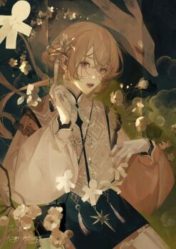 Rule 34 | 1girl, absurdres, baichuan baichuan, branch, brown theme, calligraphy brush, chinese clothes, fingernails, flower, hair between eyes, hair ornament, highres, holding, holding calligraphy brush, holding paintbrush, jewelry, lips, long hair, long sleeves, looking at viewer, mandarin collar, nail polish, necklace, original, paintbrush, parted lips, sidelocks, solo, tassel, upper body