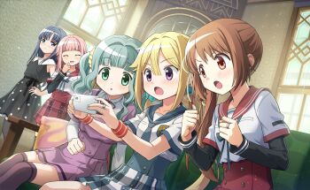 5girls :o artist_request bare_arms bare_shoulders black_bow black_dress black_sleeves black_thighhighs blonde_hair blue_bow blue_bowtie blue_eyes blue_hair blue_necktie blue_sailor_collar blue_skirt blunt_bangs bow bowtie braid breast_pocket brown_hair buttons casual cellphone chuo_academy_school_uniform clenched_hand clenched_hands closed_mouth collared_dress collared_shirt couch cowboy_shot crest curious day determined dot_nose dress futaba_sana game_cg green_eyes green_hair grey_pantyhose hair_between_eyes hair_bobbles hair_intakes hair_ornament hair_ribbon hair_scrunchie hand_on_own_hip happy high-waist_skirt high_collar highres holding holding_phone indoors jewelry kamihama_university_affiliated_school_uniform laughing layered_sleeves light_blush light_particles living_room long_hair long_sleeves looking_at_object low_twintails magia_record:_mahou_shoujo_madoka_magica_gaiden mahou_shoujo_madoka_magica mahou_shoujo_madoka_magica_magia_exedra medium_dress miniskirt mitsuki_felicia mizuna_girls&#039;_academy_school_uniform multiple_girls nanami_yachiyo neck_ribbon necktie official_art on_couch open_mouth pantyhose parted_bangs phone pink_hair plaid_clothes plaid_skirt playing_games pleated_dress pocket polka_dot polka_dot_dress purple_dress purple_eyes red_ribbon red_sailor_collar red_skirt ribbon ring sailor_collar school_uniform scrunchie shirt shirt_under_dress short_dress short_over_long_sleeves short_sleeves side_ponytail sidelocks sitting skirt sleeveless sleeveless_dress smartphone standing striped_wristband tamaki_iroha thighhighs twin_braids twintails v-shaped_eyebrows waist_bow wavy_hair white_shirt window wristband yellow_ribbon yellow_scrunchie yui_tsuruno zettai_ryouiki