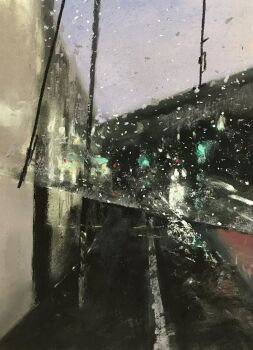 building car commentary_request headlight_beam highres miya_pastel motor_vehicle no_humans original outdoors overpass painting_(medium) rain road traditional_media transparent transparent_umbrella umbrella watercolor_(medium)