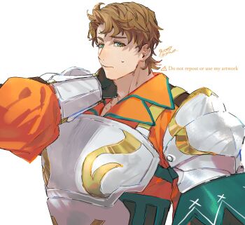 1boy 91007 boucheron_(fire_emblem) brown_hair closed_mouth commentary_request fire_emblem fire_emblem_engage green_eyes green_trim grey_armor looking_at_viewer male_focus nintendo solo upper_body