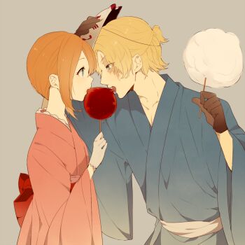 Rule 34 | 1boy, 1girl, blonde hair, blue eyes, blue kimono, brown gloves, candy, candy apple, commentary request, cotton candy, food, gloves, holding, holding candy, holding candy apple, holding food, japanese clothes, kimono, koala (one piece), komomo1214, mask, mask on head, obi, one piece, orange hair, profile, red sash, sabo (one piece), sash, scar, scar on face, short hair, sidelocks, upper body, white gloves, white sash, wide sleeves