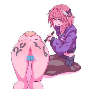 Rule 34 | 1boy, 1girl, all fours, anus, ass, astolfo (fate), blonde hair, body writing, bow, braid, braided ponytail, clothed male nude female, fate/grand order, fate (series), hair bow, hej 510, hood, hoodie, jeanne d'arc (fate), kneeling, left-handed, looking at viewer, midriff peek, nude, paintbrush, pantyhose, pink eyes, pink hair, pussy, simple background, skirt, tongue, tongue out, trap, writing on ass