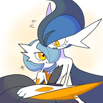 1boy 1girl alternate_color arm_blade back backless_dress backless_outfit bare_shoulders black_dress black_hair blue_hair bob_cut closed_mouth colored_skin dress eye_contact fang fang_out flying_sweatdrops gallade gardevoir gen_3_pokemon gen_4_pokemon hair_over_one_eye half-closed_eyes hand_on_another&#039;s_chest happy long_dress looking_at_another mega_gallade mega_gardevoir mega_pokemon mohawk monya multicolored_hair nintendo one_eye_covered open_mouth orange_eyes pokemon pokemon_(creature) shiny_pokemon short_hair simple_background smile strapless strapless_dress sweat two-tone_hair weapon white_skin yellow_background