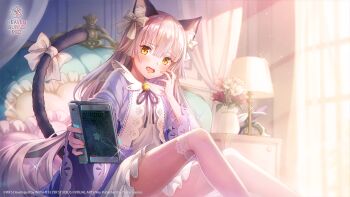 Rule 34 | 1girl, animal ear fluff, animal ears, bell, blunt bangs, blunt ends, blush, bouquet, bow, brown hair, cat ears, cat girl, cat tail, commentary, copyright logo, copyright notice, curtains, day, desk lamp, diamond-shaped pupils, diamond (shape), dress, english commentary, extra ears, eyes visible through hair, feet out of frame, flower, frilled dress, frilled pillow, frilled sleeves, frills, full body, furrowed brow, hair between eyes, hand up, heart, heart-shaped pillow, heaven burns red, highres, hime cut, holding, indoors, jingle bell, knees up, lamp, light particles, logo, long hair, long sleeves, looking at viewer, low-tied long hair, neck ribbon, official alternate costume, official alternate hairstyle, official art, official wallpaper, ogasawara hisame, ogasawara hisame (desire and reverence), on bed, open mouth, outstretched arm, pajamas, paw print, pillow, pink flower, print pajamas, purple pajamas, purple ribbon, red flower, red pupils, ribbon, ribbon-trimmed sleeves, ribbon trim, short dress, sidelighting, sidelocks, sitting, solo, sparkle, straight hair, symbol-shaped pupils, tail, tail bow, tail ornament, tail raised, thighhighs, thighs, very long hair, white bow, white dress, white flower, white thighhighs, wide sleeves, window, window shadow, yellow eyes