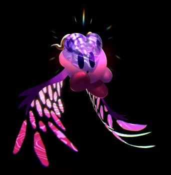absurdres black_background colored_skin commentary english_commentary heart highres hollow_eyes horns kirby kirby_(series) kirby_star_allies looking_at_viewer nintendo no_humans pasteldraqon pink_skin simple_background solo void_termina void_termina_(angel_form) wings