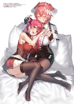 2girls bed_sheet black_choker black_gloves black_hairband black_pantyhose black_shorts blush breast_zipper breasts brooch brown_thighhighs chest_harness choker clenched_teeth closed_eyes collared_shirt commentary_request cropped_jacket double-parted_bangs dress_shirt embarrassed fingerless_gloves gloves gold_buttons gold_trim hair_between_eyes hair_ribbon hairband harness head_on_chest head_wings heterochromia high-waist_shorts highres hololive houshou_marine houshou_marine_(1st_costume) jacket jewelry lace lace-trimmed_thighhighs lace_trim large_breasts leather_shorts leotard leotard_under_clothes long_hair long_sleeves medium_hair miniskirt multiple_girls nail_polish nanaushi no_coat no_eyepatch no_headwear no_shoes open_mouth pantyhose parted_hair parted_lips pillow pink_hair pink_nails pink_wings pleated_skirt red_eyes red_hair red_jacket red_nails red_ribbon red_skirt ribbon see-through_clothes see-through_leotard see-through_midriff shirt short_hair shorts skirt sleeve_garter sleeveless sleeveless_jacket small_sweatdrop takane_lui takane_lui_(1st_costume) teeth thigh_strap thighhighs tongue translation_request twintails unzipping upper_teeth_only virtual_youtuber watermark white_shirt wings yellow_eyes yuri zipper zipper_pull_tab