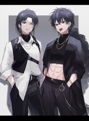 Rule 34 | 2boys, abs, absurdres, belt, black hair, blue eyes, blue hair, chain, chain necklace, crop top, earrings, fangs, highres, jacket, jewelry, judal, long hair, magi the labyrinth of magic, male focus, multiple boys, navel, necklace, pants, pepshi506, red eyes, ren hakuryuu, scar, shirt, short hair, tongue, tongue out, turtleneck