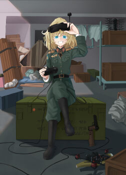 1girl 35th_marine_brigade absurdres arm_patch arm_up artist_request belt belt_around_waist black_boots blonde_hair blue_eyes bomb boots breast_pocket bunker clenched_teeth collar_tabs commissioner_source controller crossed_legs explosive flat_chest fpv_drone fpv_drone_operator green_jacket green_pants grin gun handgun handgun_stock highres holding holding_controller holding_removed_eyewear jacket knee_boots long_hair looking_at_viewer military_jacket military_operator military_uniform non-web_source pants pocket red_collar_tabs russo-ukrainian_war sitting smile solo stechkin_aps tanya_degurechaff tanya_degurechaff_(sleepwalker) teeth tryzub ukraine unworn_eyewear weapon youjo_senki