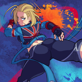 1girl ass back_kick blonde_hair blue_eyes breasts cammy_white cottonwings fingerless_gloves gloves highres jacket kicking lips long_sleeves looking_back pants scar scar_on_face short_hair street_fighter street_fighter_6 union_jack