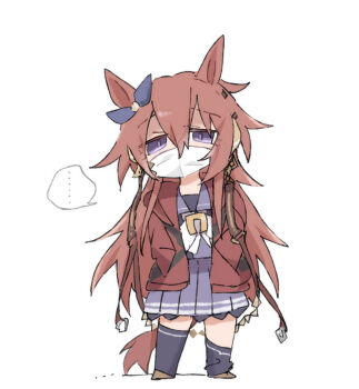 ... 1girl animal_ears asymmetrical_legwear beer_hsk black_thighhighs blue_ribbon bow brown_hair ear_ribbon full_body hair_between_eyes hood hood_down hooded_jacket horse_ears horse_girl horse_tail jacket long_hair looking_at_viewer mask mouth_mask open_clothes open_jacket orfevre_(old_design)_(umamusume) pleated_skirt purple_eyes purple_shirt purple_skirt red_jacket ribbon school_uniform shirt simple_background skirt solo spoken_ellipsis standing surgical_mask tail thighhighs thighhighs_pull tracen_school_uniform umamusume very_long_hair white_background white_bow