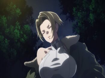 1girl animated animated_gif blonde_hair blue_eyes blue_mary bouncing_breasts breasts cropped_shirt fatal_fury fatal_fury:_city_of_the_wolves female_focus green_jacket jacket large_breasts oobari_masami open_clothes open_jacket shirt short_hair sleeveless sleeveless_shirt snk solo white_shirt