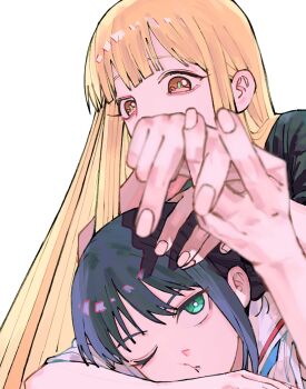 2girls :t blonde_hair blunt_bangs brown_eyes chou_kaguya-hime! closed_mouth commentary_request dohwa110 green_eyes hand_up head_rest highres interlocked_fingers kaguya_(chou_kaguya-hime!) korean_commentary long_hair looking_at_another multiple_girls one_eye_closed sakayori_iroha shirt simple_background upper_body white_background white_shirt